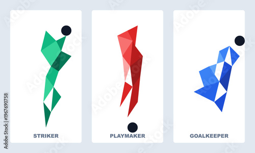 Abstract low poly soccer player position cards for striker playmaker and goalkeeper