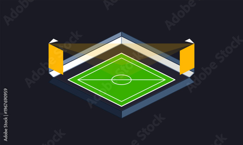 Hand-drawn isometric green soccer field stadium with yellow stands and bright floodlight beams on dark background authentic illustration