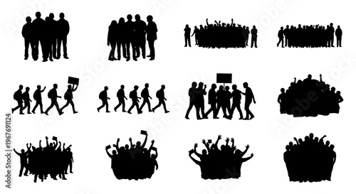 Black and White Silhouettes of Protestors, Crowds, and People Gathered