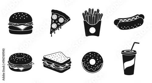 Black Glyph Fast Food Icons Set - Burger, Pizza, Fries, Hot Dog, Donut, Sandwich, Drink
