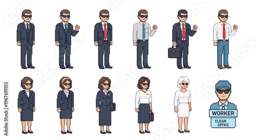 Pixel Art Security Agents and Professional Office Staff Characters Set