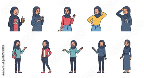 Diverse Muslim Women Lifestyle Flat Vector Illustration Set with Various Poses