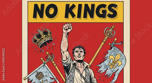 Man with raised fist and flags.