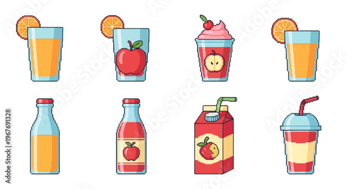 Flat Design Vector Icons of Fruit Juices and Drinks