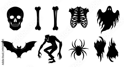 Halloween horror vector silhouette set skull bones ghost bat spider monster black icon pack