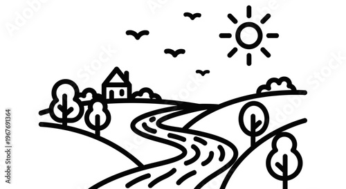 Black and white countryside road scene.