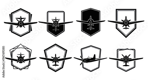 Black and White Vintage Propeller Airplane Shield Badges Aviation Logo Vector Set
