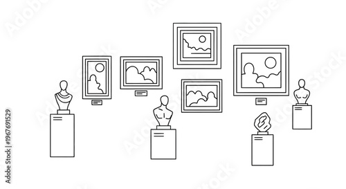 Black and white line art sculptures.