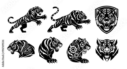 Technology Tigers Vector Art - Aggressive Black  White Robotic Animal Glyphs  Logos