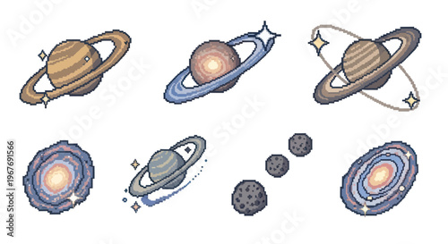 Retro Pixel Art Planets and Galaxies Icon Set