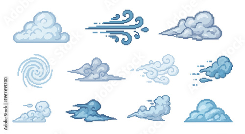 Gaming industry pixel art weather sprites featuring clouds, wind gusts, and tornados.