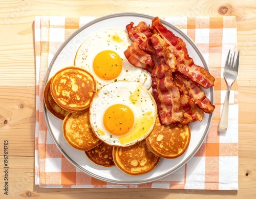 Delicious Breakfast Plate with Crispy Bacon, Fried Eggs, and Golden Pancakes on Wooden Table.