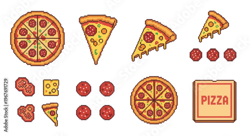 Food Pixel Art Pizza Collection with Slices, Pepperoni, Cheese, and Delivery Box