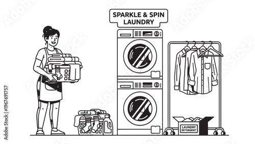 Person Doing Laundry in a Modern Laundry Room with Washing Machines and Clothes Drying Rack.