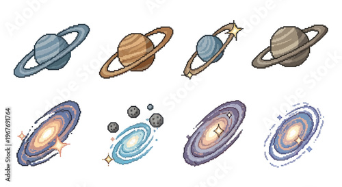 Pixel Art Planets and Galaxies Collection. Retro 8-bit Space Astronomy Game Assets