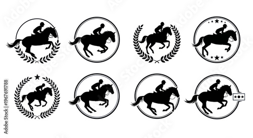 Horse Racing and Equestrian Rider Silhouettes Vector Emblems for Sport Logos and Badges