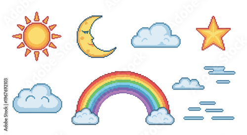 Pixel Art Weather  Nature Elements Set: Sun, Moon, Star, Clouds, Rainbow Icons.