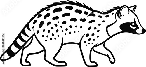 Line Art of a Spotted Animal Walking with Striped Tail, Detailed Outline Illustration for Wildlife, Nature, and Animal Graphics