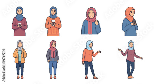 Diverse Muslim women in hijab with coffee, flat vector illustration