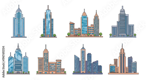Modern Flat Vector City Building Skyscraper Set for Real Estate and Business Architecture