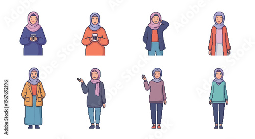 Muslim women in hijab, flat design, diverse poses and outfits