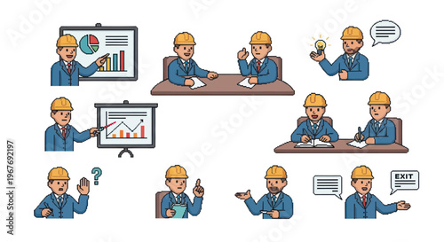 Construction Engineer Team Meeting Presentation Discussion Flat Vector Set
