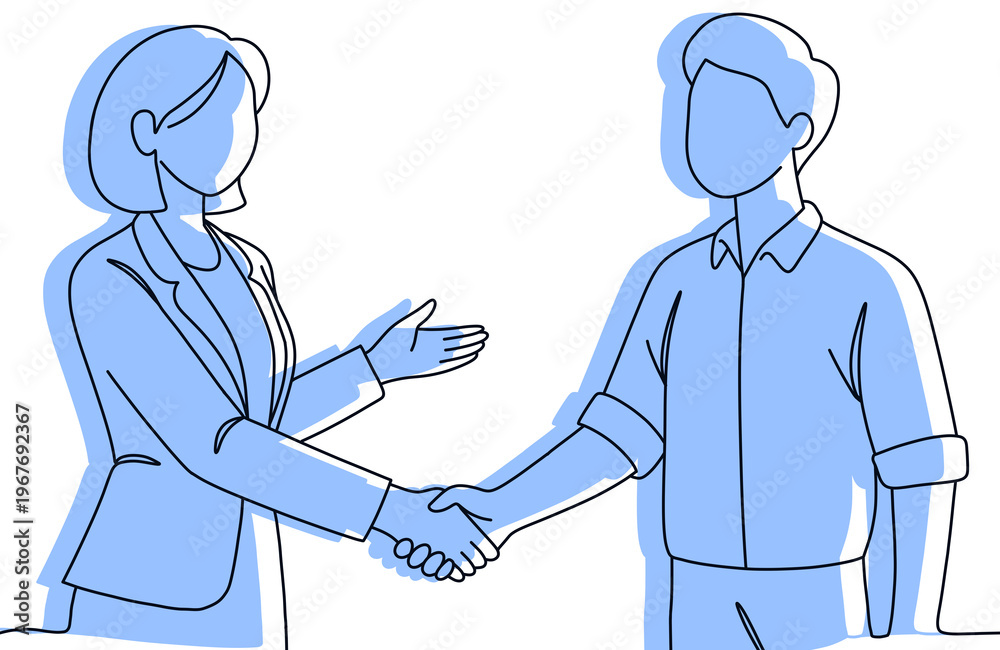 Fototapeta premium Business Handshake Agreement Between Man and Woman Line Art Illustration