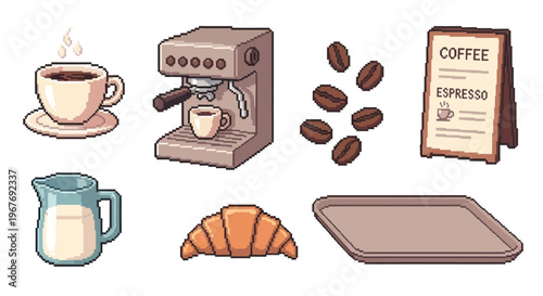 Pixel Art Cafe Coffee Breakfast Set Icons with Espresso Machine, Croissant  Beans