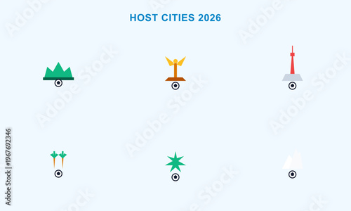 Hand-drawn colorful minimalist icons representing landmarks of major host cities for the 2026 soccer world tournament authentic illustration