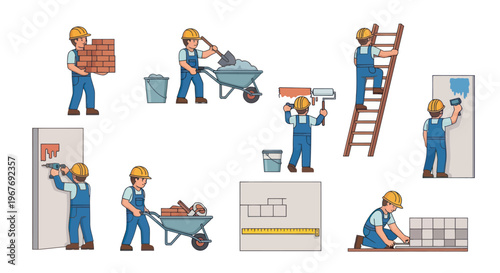 Construction and Renovation Workers with Tools - Flat Vector Illustration Set