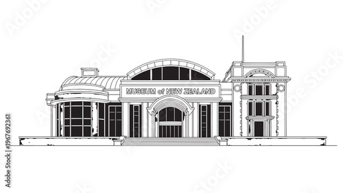 Detailed architectural drawing of a historic building with ornate design elements and grand entrance.