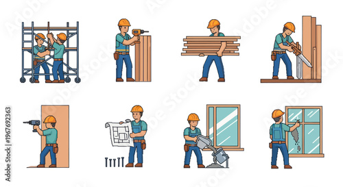Flat Illustration Set of Construction Workers and Building Process. Tradesman Jobs  Renovation
