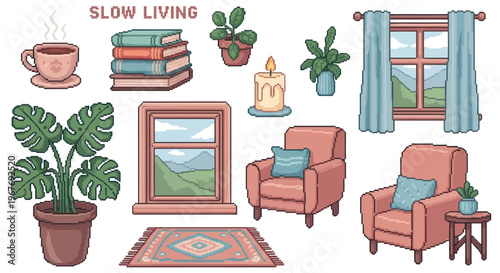 Slow Living Pixel Art Cozy Home Decor  Interior Elements Collection