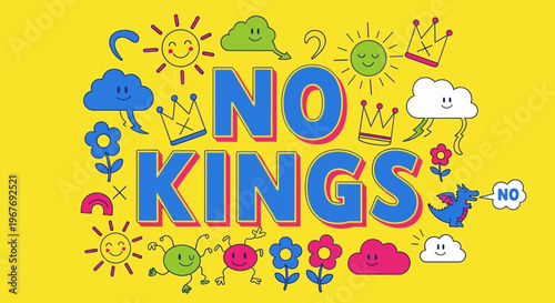 No Kings Text with Colorful Icons.