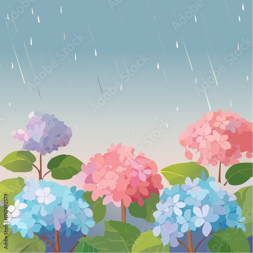 あじさいと雨の自然風景