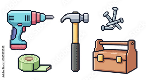 Pixel Art Construction  DIY Tools Set: Hammer, Drill, Nails, Toolbox, Tape Icons