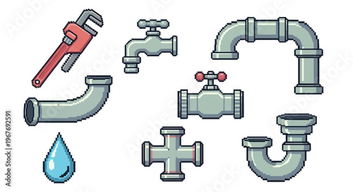 Pixel Art Plumbing Tools and Fixtures Collection for Water System Maintenance