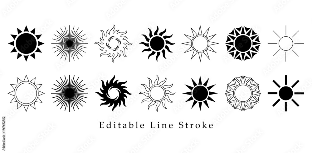 Obraz premium Collection of Minimalist Sun Symbols and Starburst Vector Icons - Black Silhouette Sunburst Shapes with Various Ray Designs on White Background for Modern Logo, UI, and Graphic Design Branding