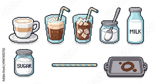 Food  Drink Pixel Art Collection: Coffee, Milk, Sugar, and Cafe Items