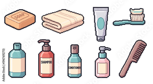 Pixel Art Bathroom Toiletries Icons Set - Soap, Towel, Toothbrush, Comb