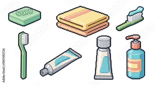 Pixel art bathroom personal hygiene icons set soap towel toothbrush toothpaste and lotion isolated
