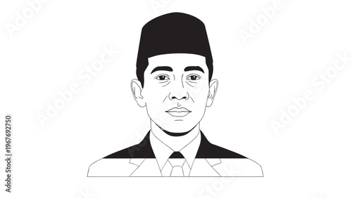 Black and White Illustration of a Young Man with Short Hair and Formal Attire.