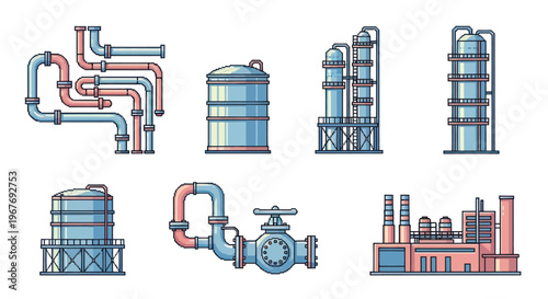 Industrial Pipeline and Factory Icon Set, Flat Vector Art