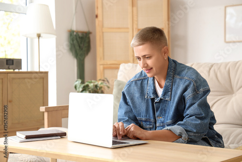 Young woman with short hair...