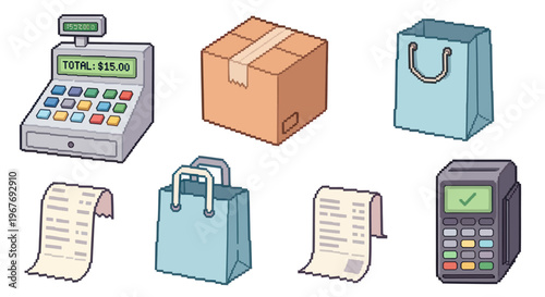Pixel Art Icons: Cash Register, Box, Bag, Receipt, POS Machine for Retail