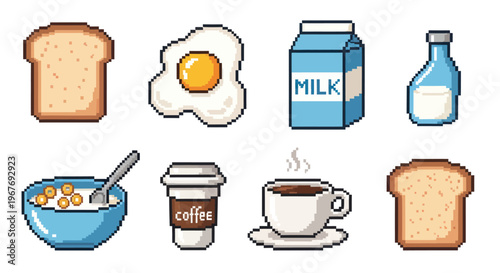 Pixel Art Breakfast Food Icons: Toast, Egg, Cereal, Coffee, Milk