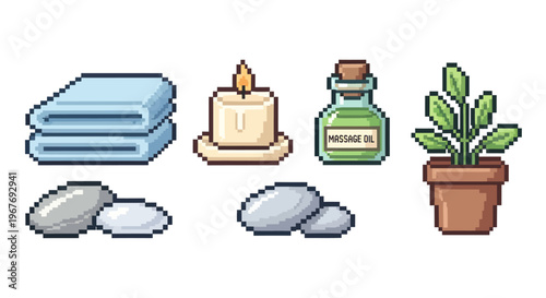 Pixel Art Spa Wellness Relaxation Icons Set with Towels, Candle, Massage Oil, Plant, and Stones.