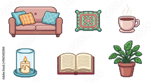 Cozy Living Room Icons: Sofa, Pillow, Coffee, Candle, Book, Plant