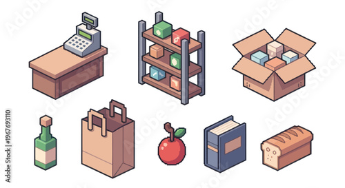 Isometric Pixel Art Retail  Grocery Shopping Items: Cash Register, Shelf, Box, Food  Book