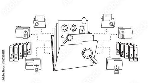 Collection of Digital Files and Folders with Search Magnifying Glass Icon.